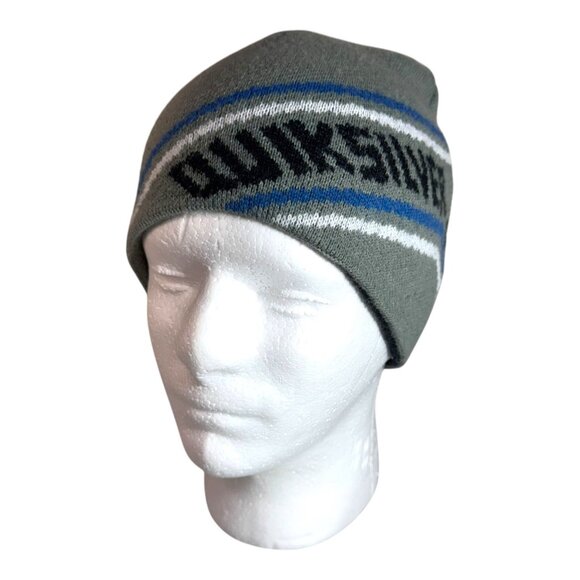 Quiksilver Reversible Knit Beanie Hat Grey Black Blue Striped Logo Surfer Adults - Picture 1 of 8